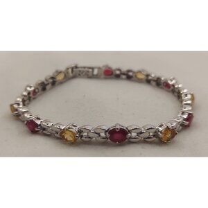 925 Sterling Silver Garnet Citrine Tennis Bracelet 7.5" Gemstone